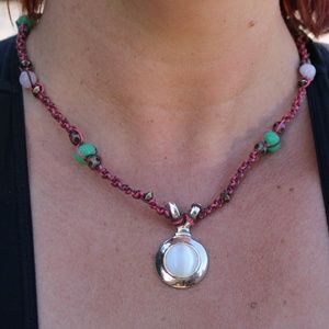 Faux pearl pendant rose quartz hemp necklace